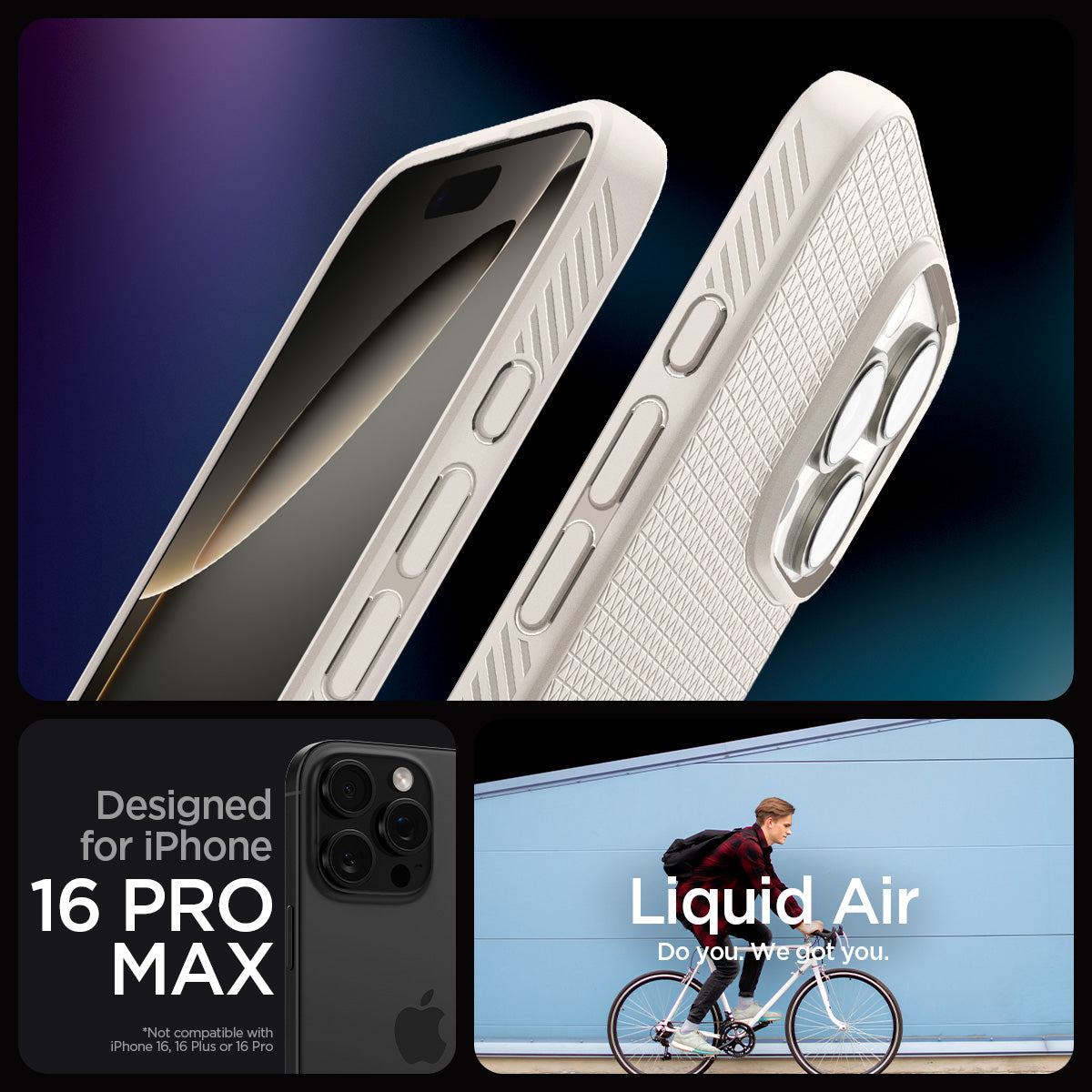 ACS07991 - iPhone 16 Pro Max Case Liquid Air in Natural Titanium showing the compatibility designed for iPhone 16 Pro Max. Not compatible with iPhone 16, 16 Plus or 16 Pro