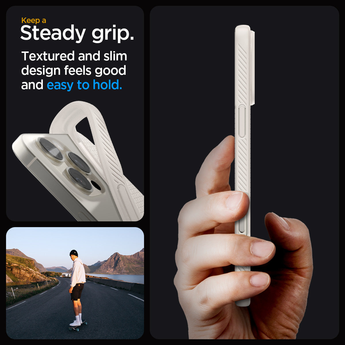 ACS07991 - iPhone 16 Pro Max Case Liquid Air in Natural Titanium showing the steady grip. Textured and slim design feels good and easy to hold