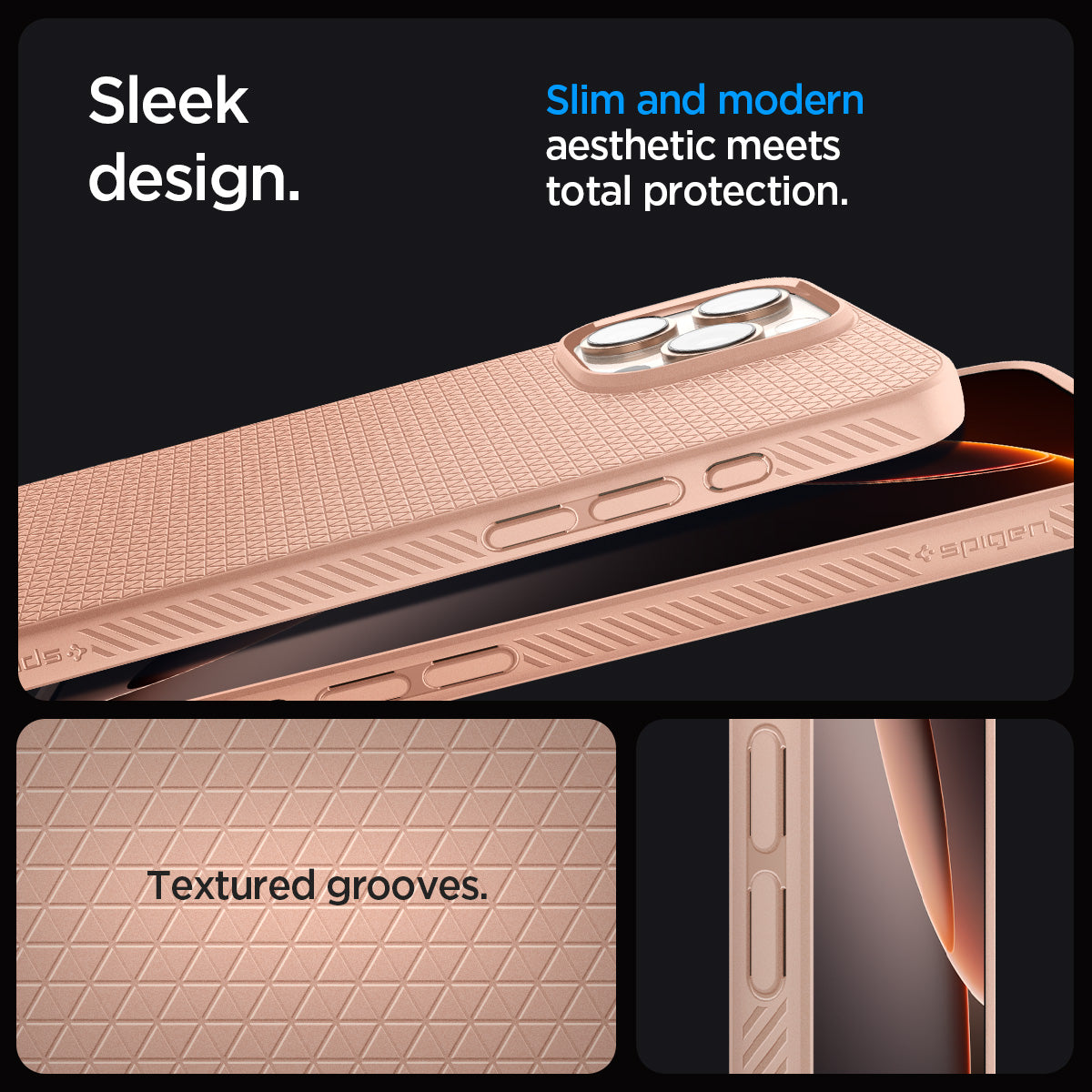 ACS08692 - iPhone 16 Pro Case Liquid Air in Rose Titanium showing the sleek design. Slim and modern aesthetic meets total protection with textured grooves