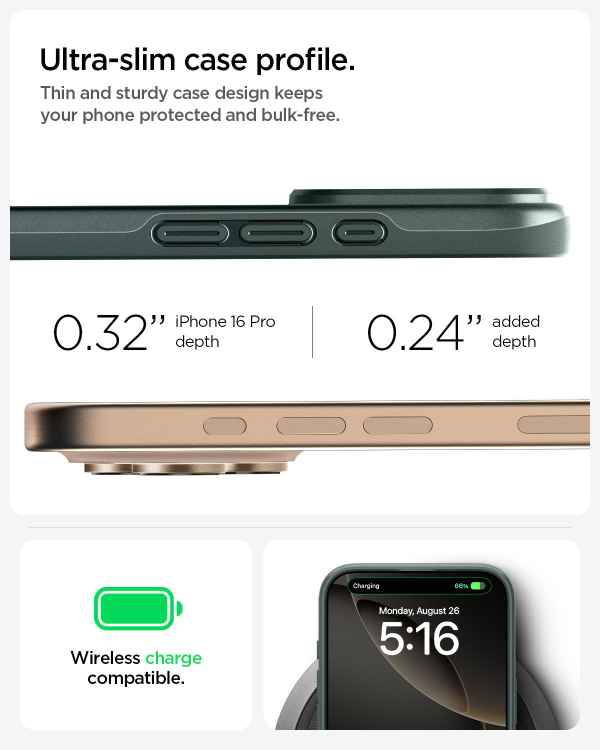 ACS08109 - iPhone 16 Pro Case Thin Fit (MagFit) in Abyss Green ultra slim case profile. Thin and sturdy case design keeps your phone protected and bulk free. 0.32" iPhone 16 Pro Max depth. 0.24" added depth. wireless charge compatible.