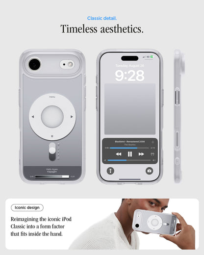 ACS10060 - iPhone 17 Air Ultra Hybrid Classic (MagFit) in Classic Silver showing classic detail. timeless aesthetics. iconic design. reimagining the iconic iPod Classic into a form factor that fits inside the hand.