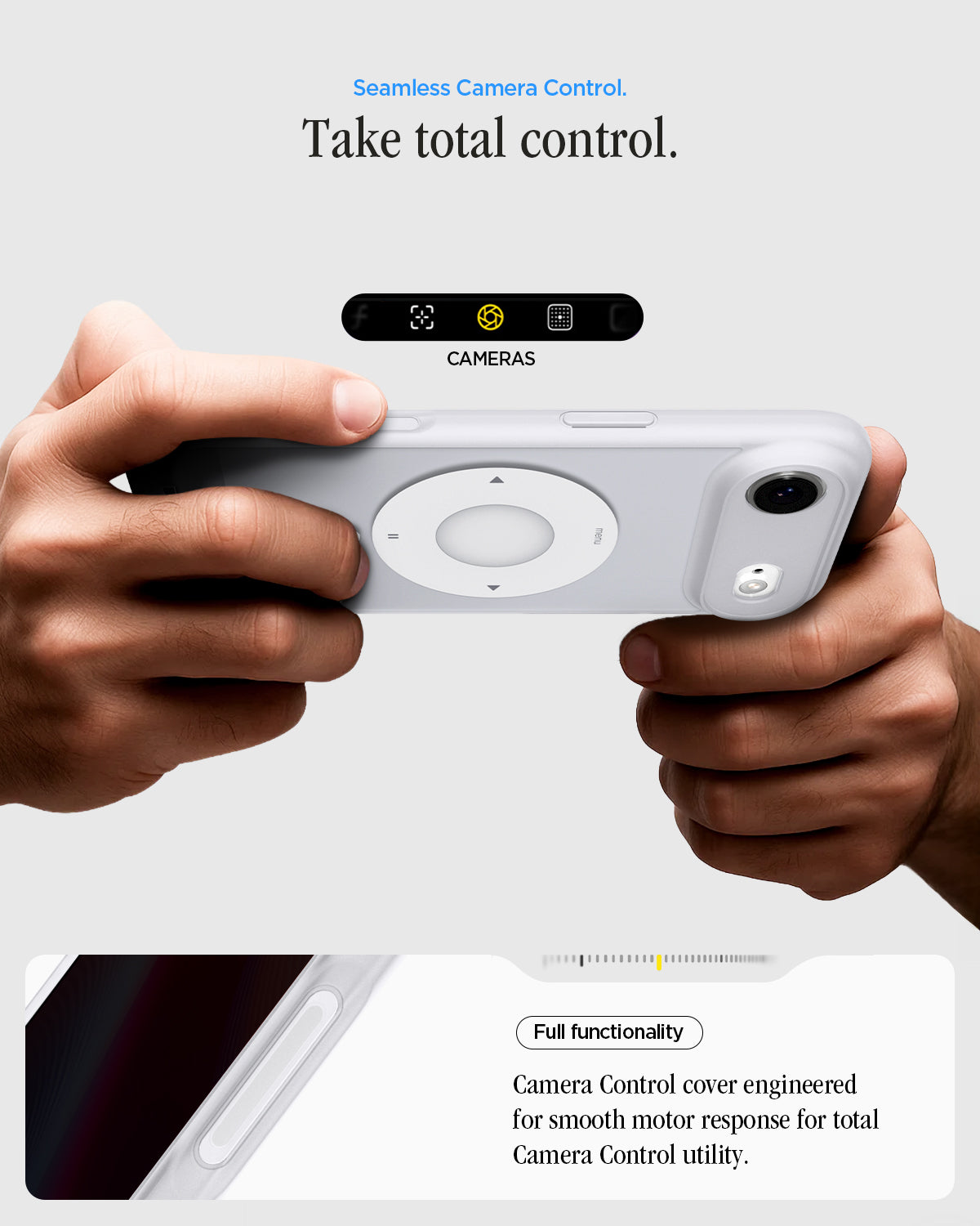 ACS10060 - iPhone 17 Air Ultra Hybrid Classic (MagFit) in Classic Silver showing seamless camera control. take total control. Full functionality. Camera control cover engineered for smooth motor response for total camera control utility.