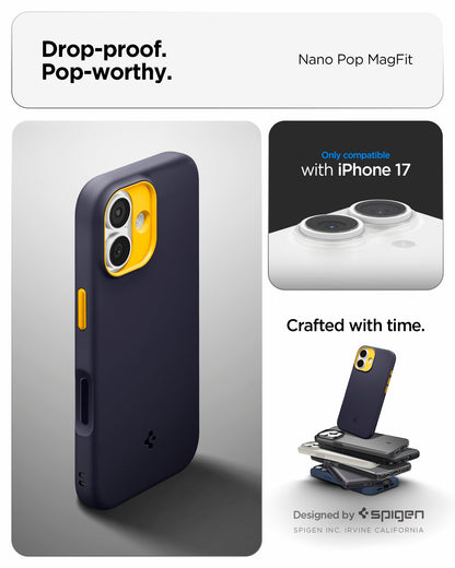 ACS09990 - iPhone 17 Nano Pop (MagFit) in Blueberry Navy showing the drop proof and pop worthy of case