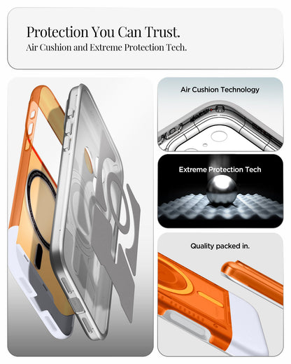 ACS09963 - iPhone 17 Pro Case Classic C1 (MagFit) in tangerine showing protection you can trust. air cushion and extreme protection tech.