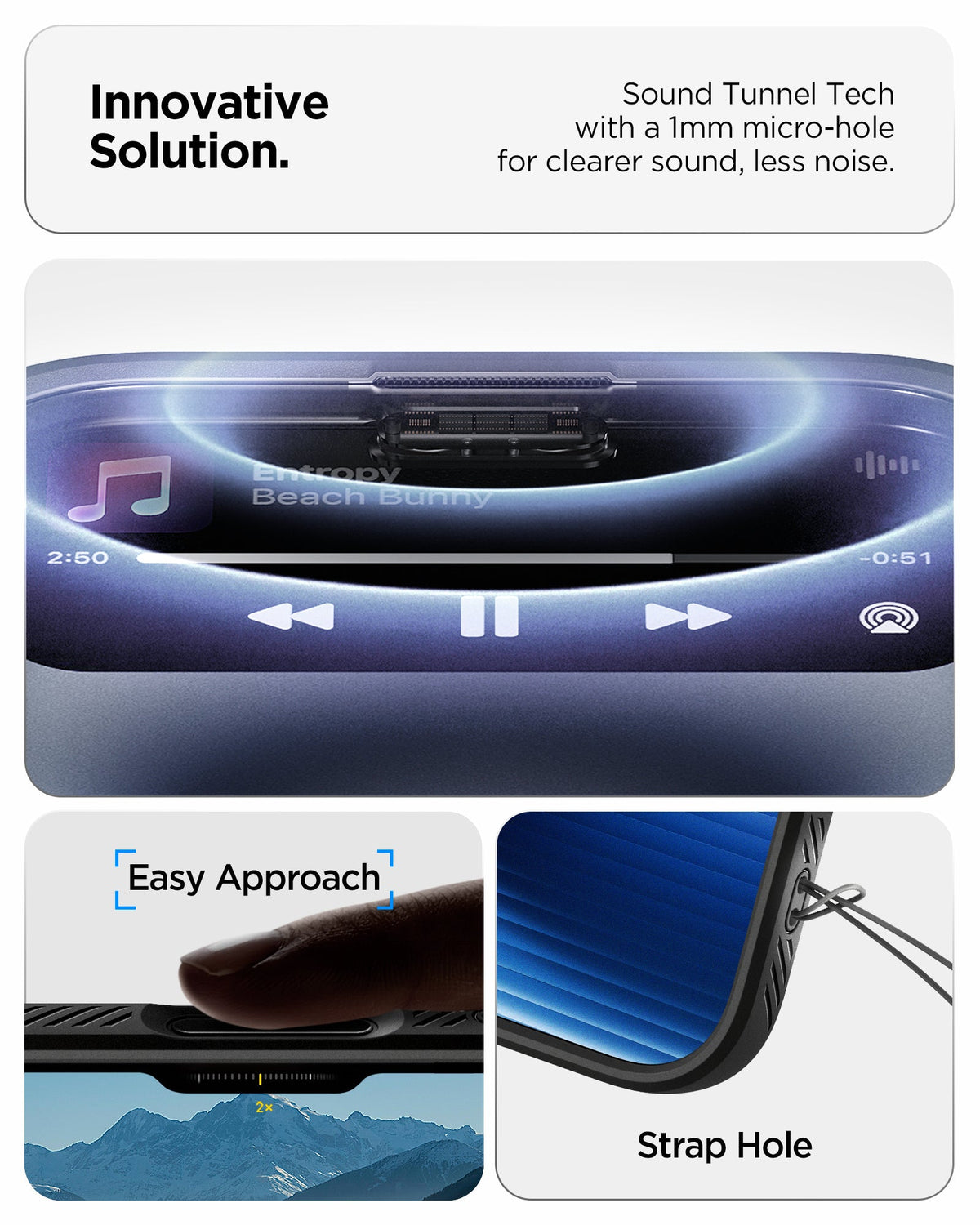 ACS09942 - iPhone 17 Pro Liquid Air in Matte Black showing innovative solution. sound tunnel tech with a 1mm micro hole for cleaner sound, less noise.