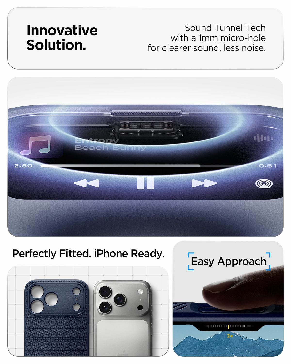 ACS09943 - iPhone 17 Pro Liquid Air in Navy Blue showing innovative solution. sound tunnel tech with a 1mm micro hole for cleaner sound, less noise.