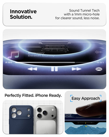 ACS09943 - iPhone 17 Pro Liquid Air in Navy Blue showing innovative solution. sound tunnel tech with a 1mm micro hole for cleaner sound, less noise.