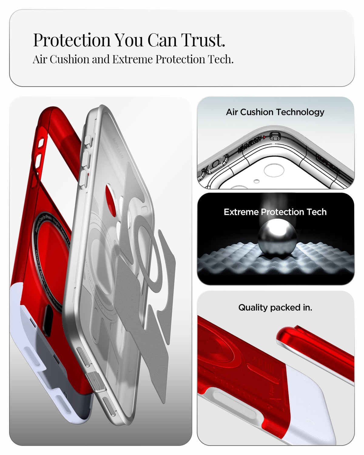 ACS09909 - iPhone 17 Pro Max Case Classic C1 (MagFit) in ruby showing protection you can trust. air cushion and extreme protection tech.