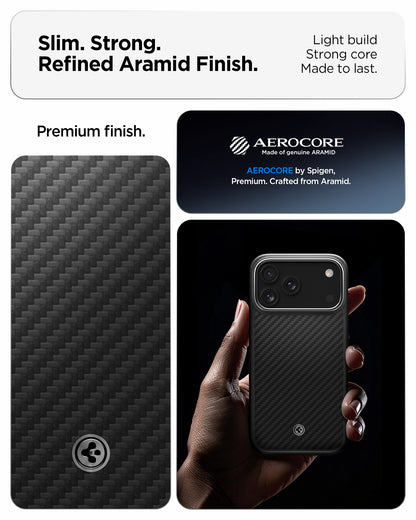 ACS09905 - iPhone 18 Pro Max / iPhone 17 Pro Max Enzo Aramid T (Mag Fit) Black Silver showing a lightweight aramid fiber construction with a refined woven finish and slim profile