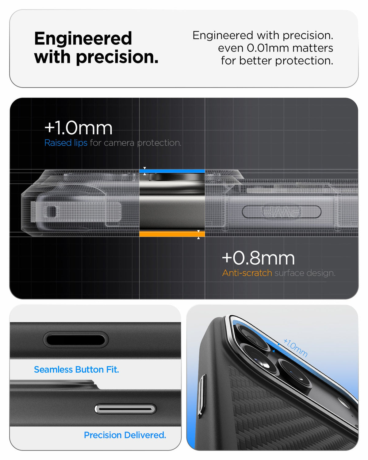 ACS09905 - iPhone 18 Pro Max / iPhone 17 Pro Max Enzo Aramid T (Mag Fit) Black Silver showing raised camera edges, precise button fit, and protective surface design