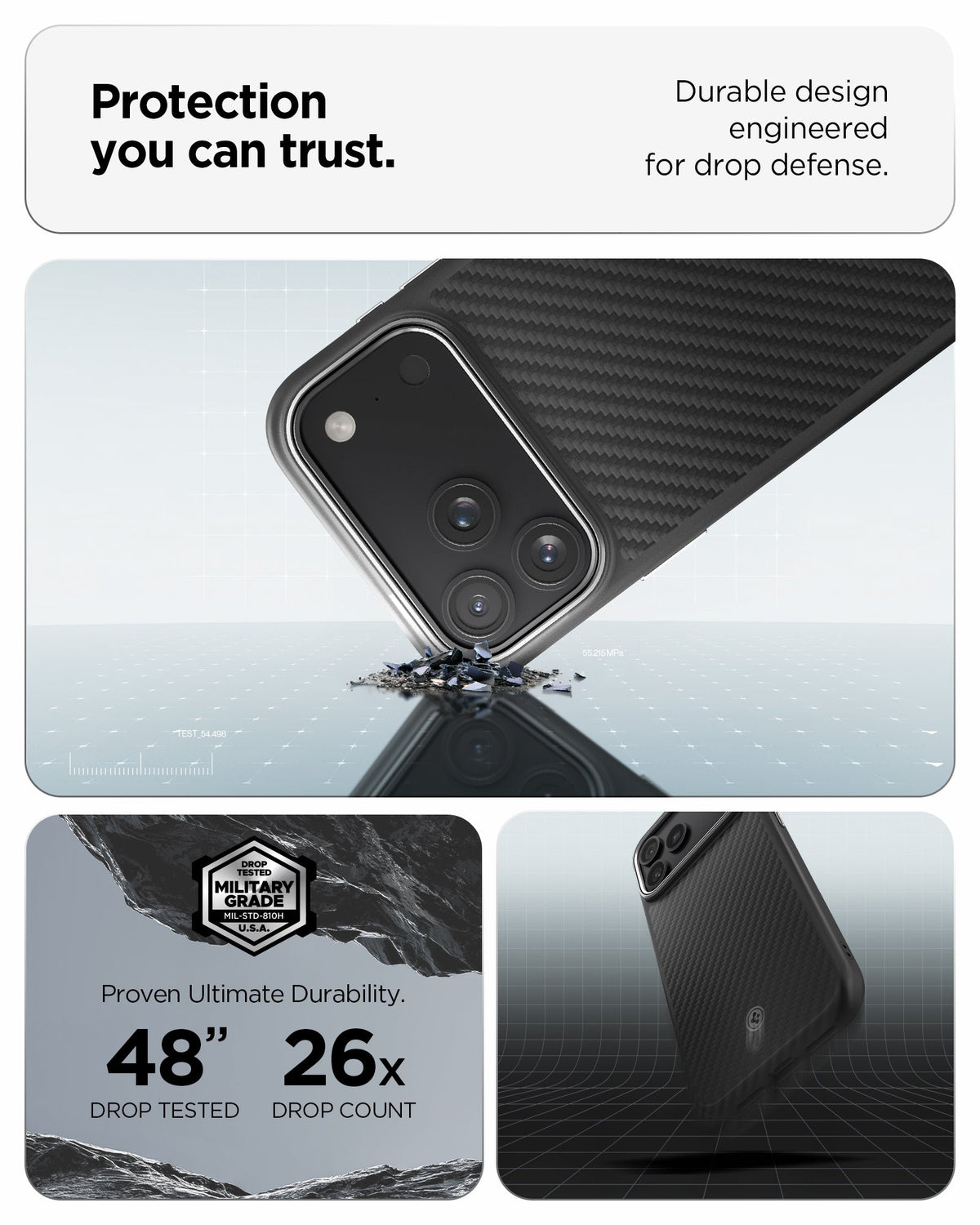 ACS09905 - iPhone 18 Pro Max / iPhone 17 Pro Max Enzo Aramid T (Mag Fit) Black Silver showing durable drop protection with reinforced construction and military grade testing