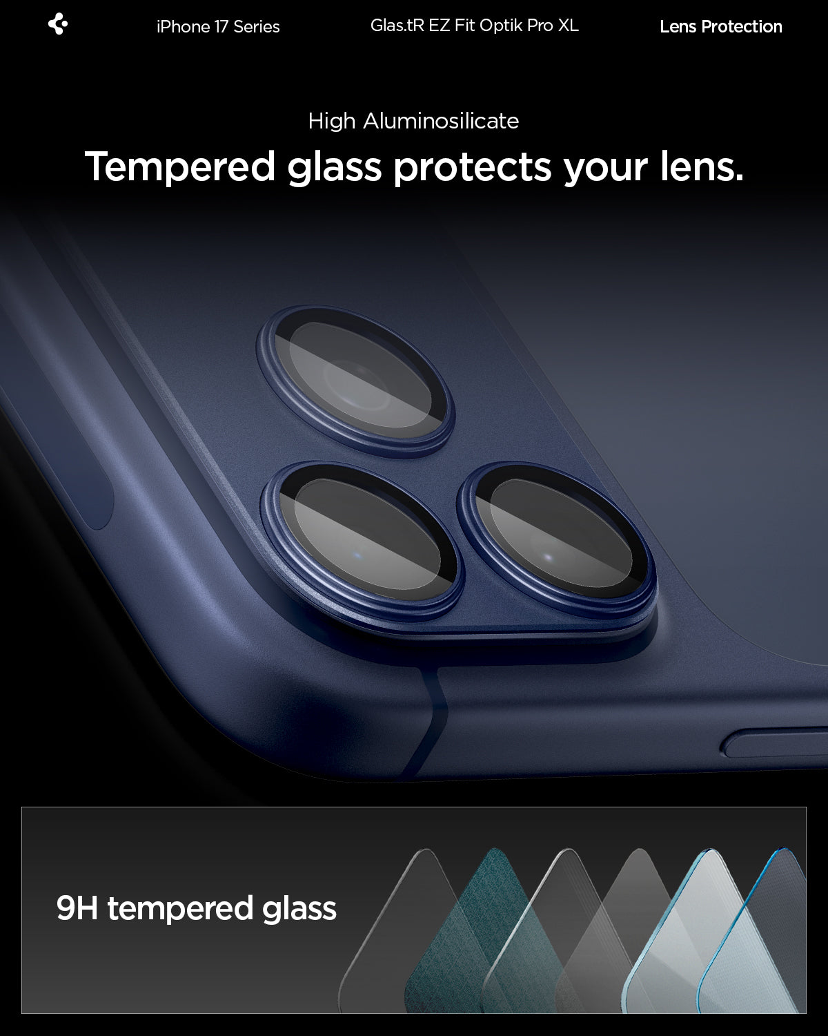 AGL10651 - iPhone 17 Pro Max Optik Pro XL EZ Fit Lens Protector in blue showing the High Aluminosilicate Tempered glass protects your lens with 9H tempered glass