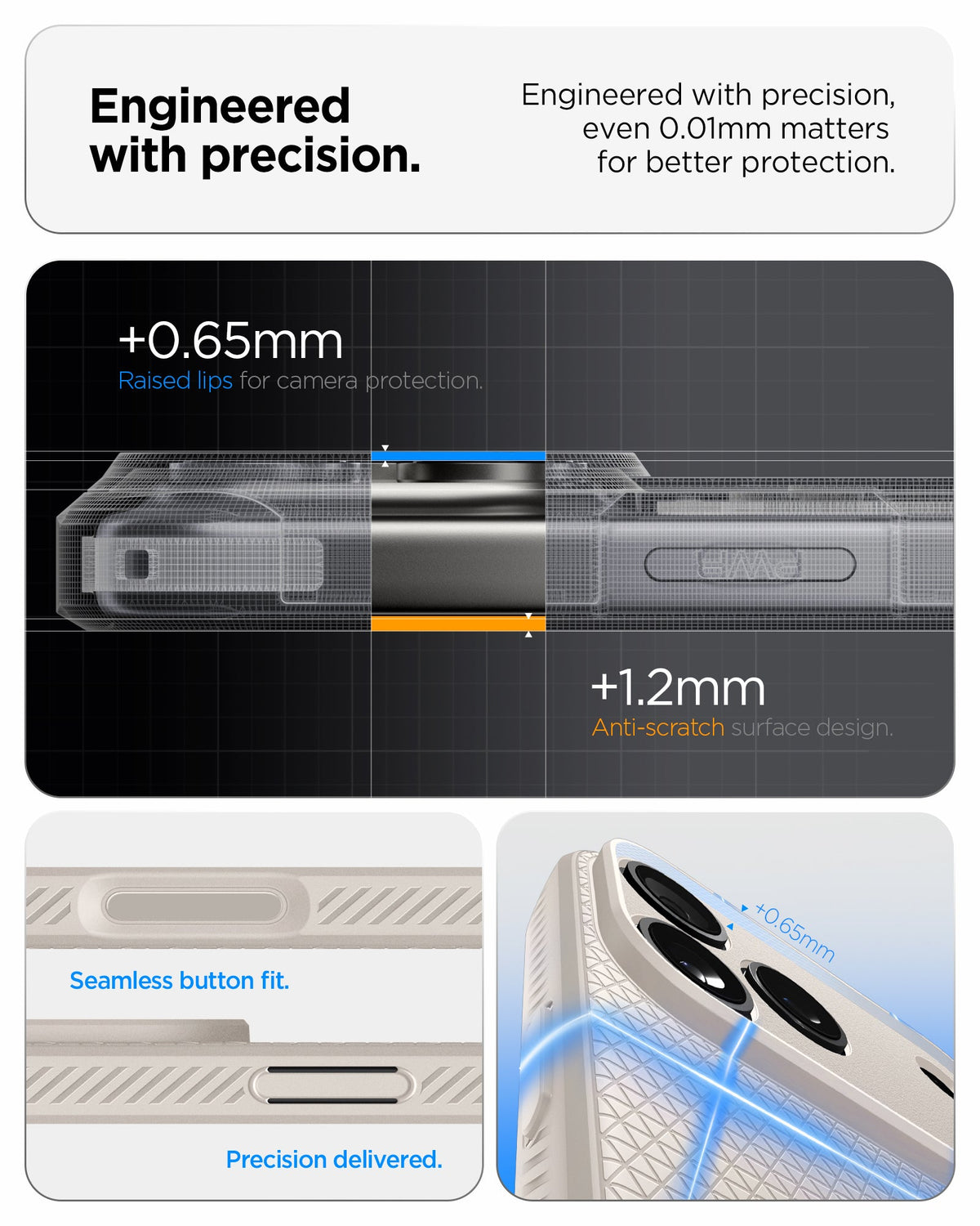 ACS09891 - iPhone 17 Pro Max Liquid Air in Natural Titanium showing engineered with precision. even 0.01mm matters for better protection. seamless button fit. precision delivered.