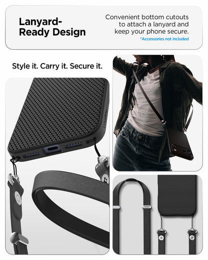 ACS09888 - iPhone 17 Pro Max Liquid Air in Matte Black showing lanyard ready design. convenient bottom cutouts to attach a lanyard and keep you phone secure. style it, carry it, secure it