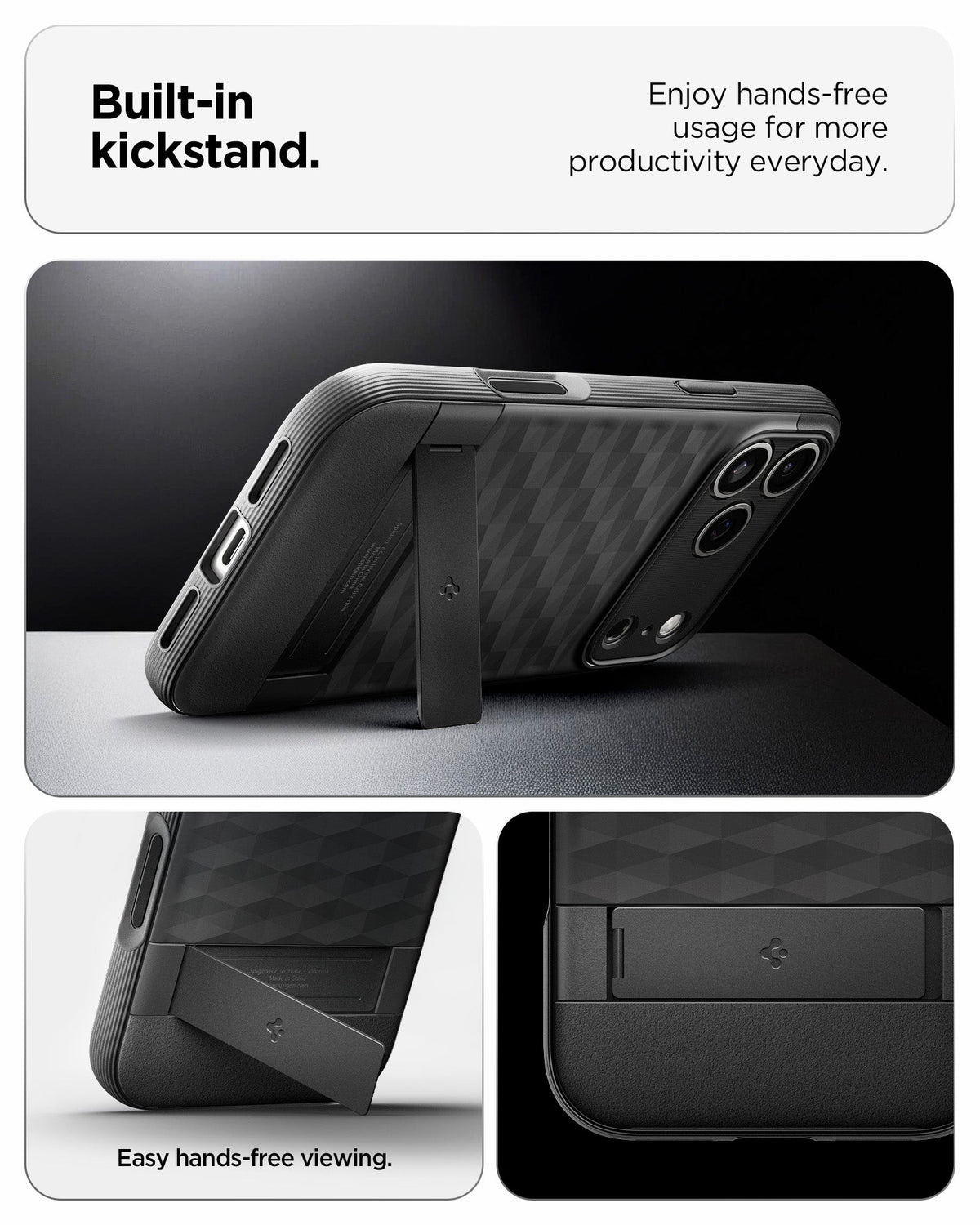ACS09911 - iPhone 17 Pro Max Series Case Parallax S (MagFit) in black showing the built in kickstand. Enjoy hands free usage for more productivity everyday