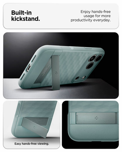ACS09912 - iPhone 17 Pro Max Series Case Parallax S (MagFit) in green showing the built in kickstand. Enjoy hands free usage for more productivity everyday