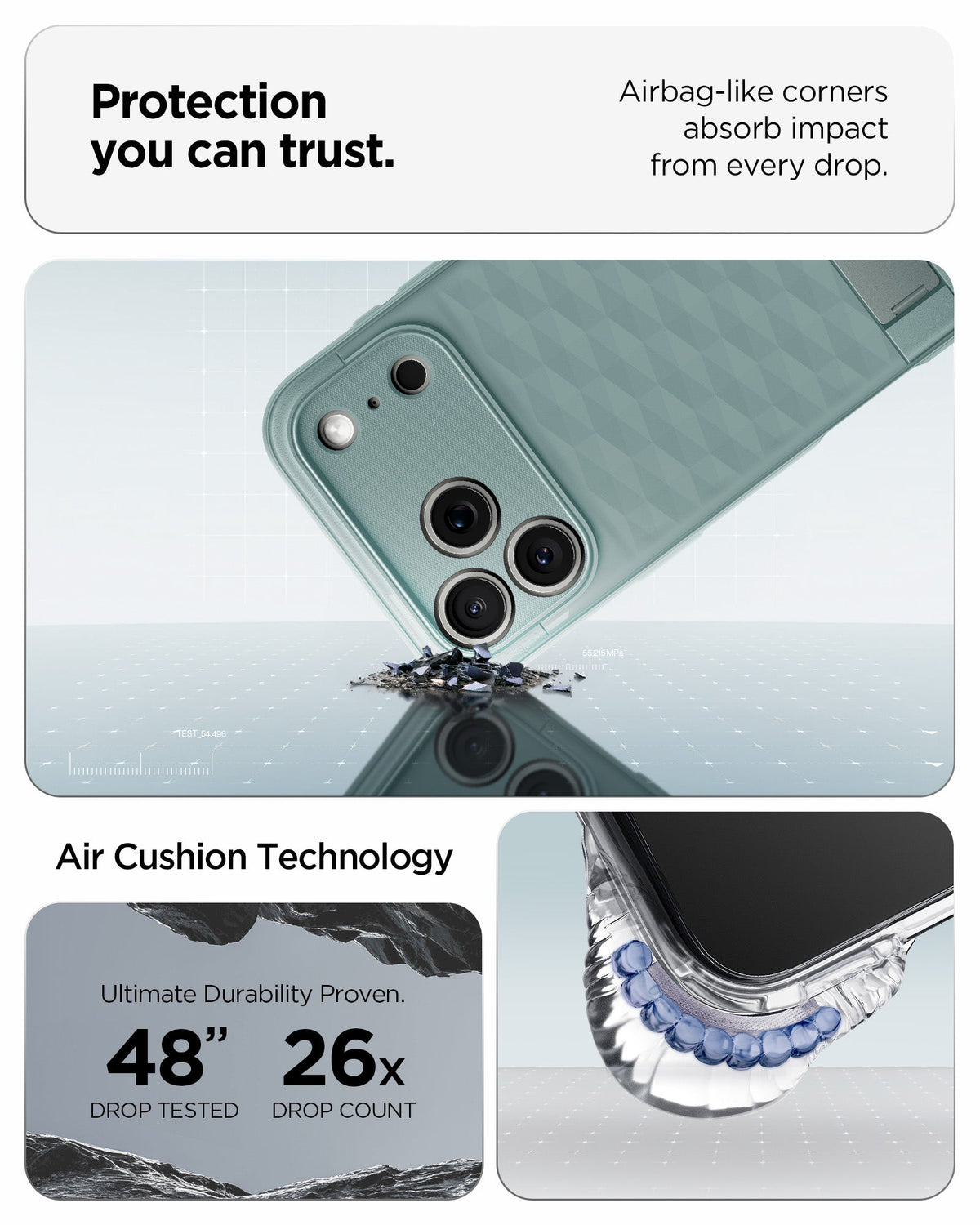 ACS09912 - iPhone 17 Pro Max Series Case Parallax S (MagFit) in green showing the protection you can trust. Airbag-like corners absorb impact from every drop