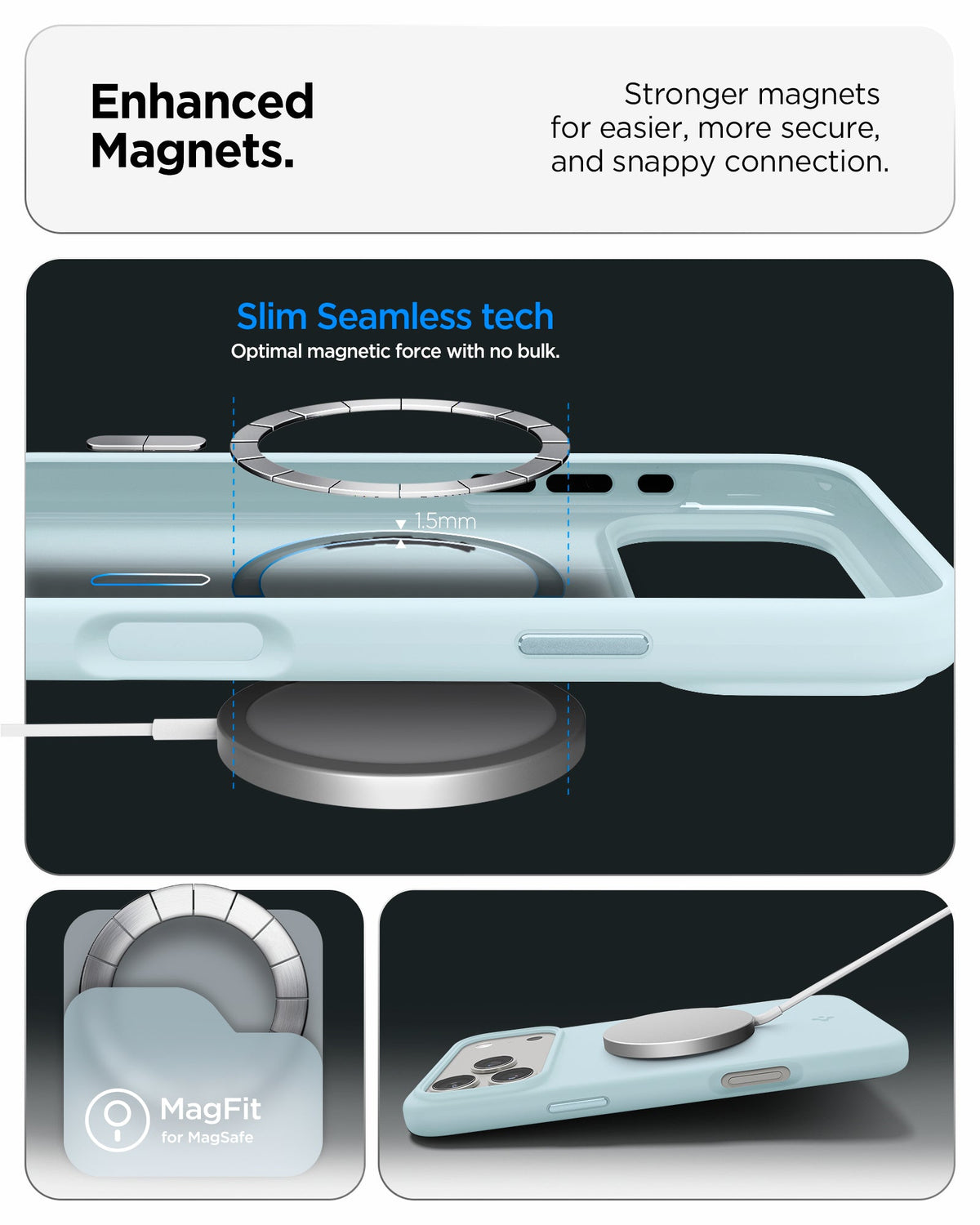 ACS10048 - iPhone 17 Pro Max Silicone Fit (MagFit) Case in blue showing enhanced magnets. stronger magnets for easier more secure and snappy connection.