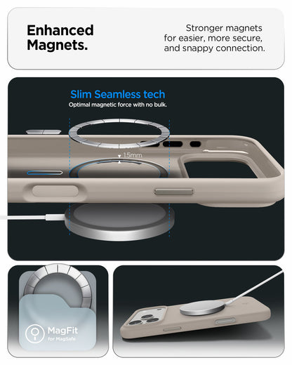 ACS09904 - iPhone 17 Pro Max Silicone Fit (MagFit) Case in stone showing enhanced magnets. stronger magnets for easier more secure and snappy connection.