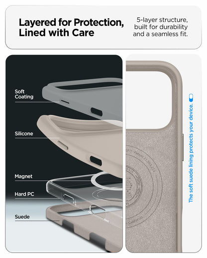 ACS09904 - iPhone 17 Pro Max Silicone Fit (MagFit) Case in stone showing layered for protection, lined with care. 5 layer structure built for durability and a seamless fit