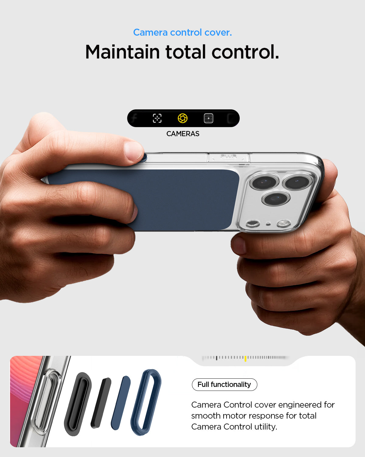 ACS10467 - iPhone 17 Pro Max Ultra Hybrid T (MagFit) in Matte Blue showing camera control cover. Maintain total control. full functionality. camera control cover engineered for smooth motor response for total camera control utility.