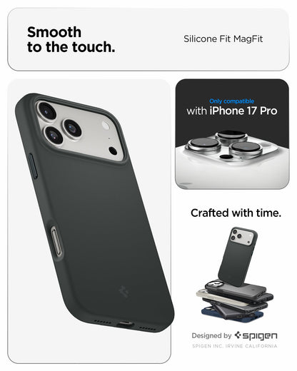 ACS09956 - iPhone 17 Pro Silicone Fit (MagFit) Case in green showing smooth to the touch. designed by spigen.