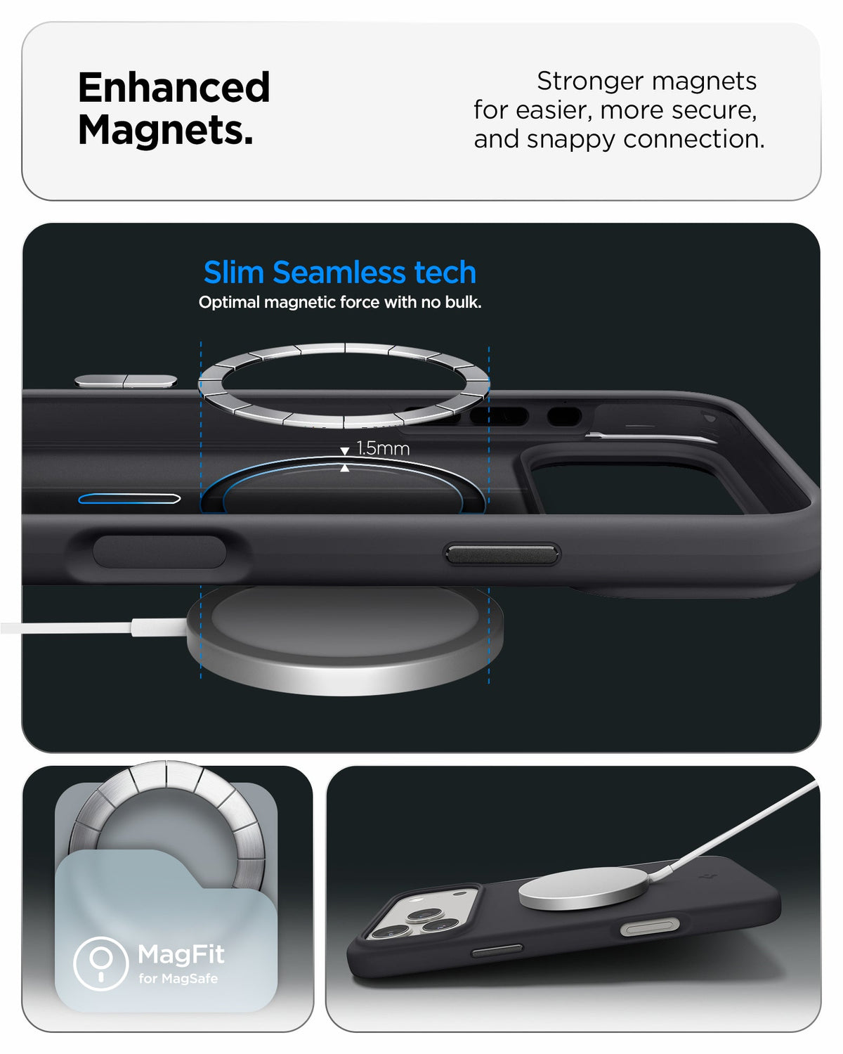 ACS09955 - iPhone 17 Pro Silicone Fit (MagFit) Case in black showing enhanced magnets. stronger magnets for easier more secure and snappy connection.