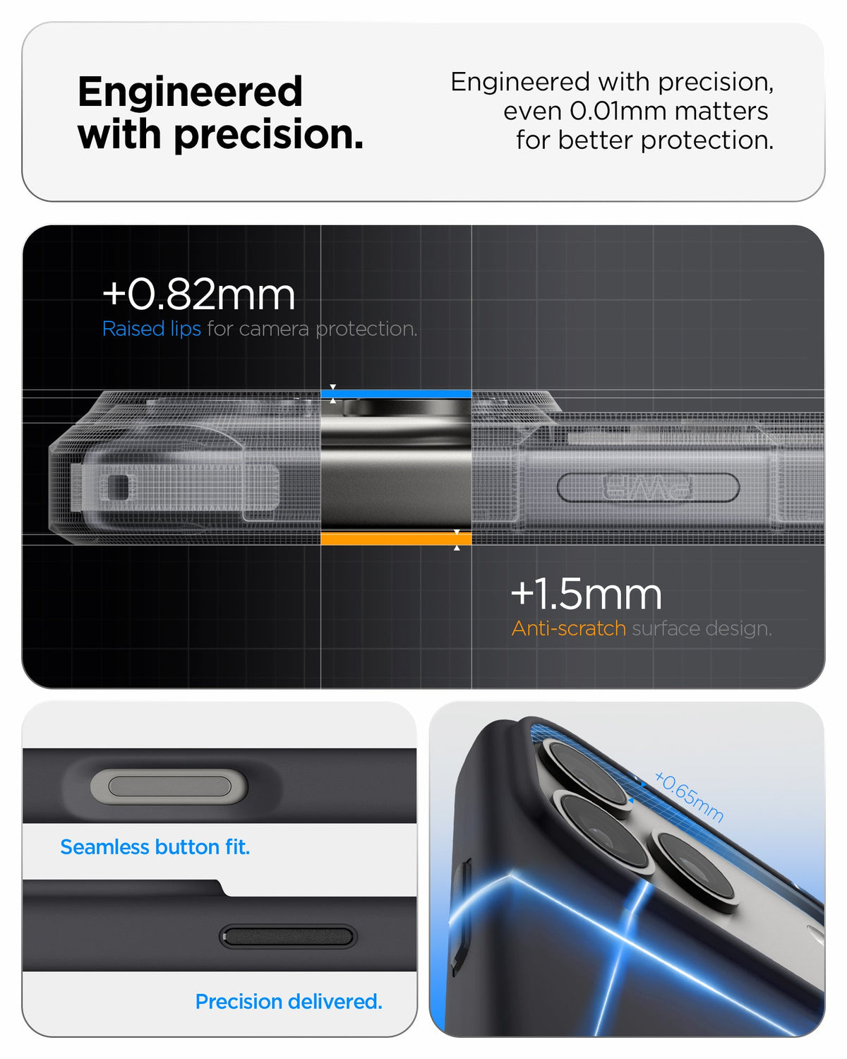 ACS09955 - iPhone 17 Pro Silicone Fit (MagFit) Case in black showing engineered with precision. Engineered with precision even 0.01mm matters for better protection.