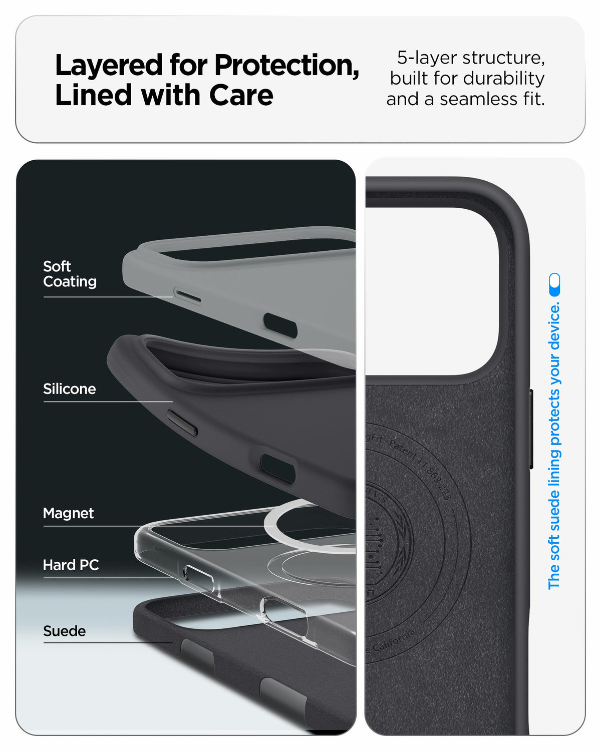 ACS09955 - iPhone 17 Pro Silicone Fit (MagFit) Case in black showing layered for protection, lined with care. 5 layer structure built for durability and a seamless fit