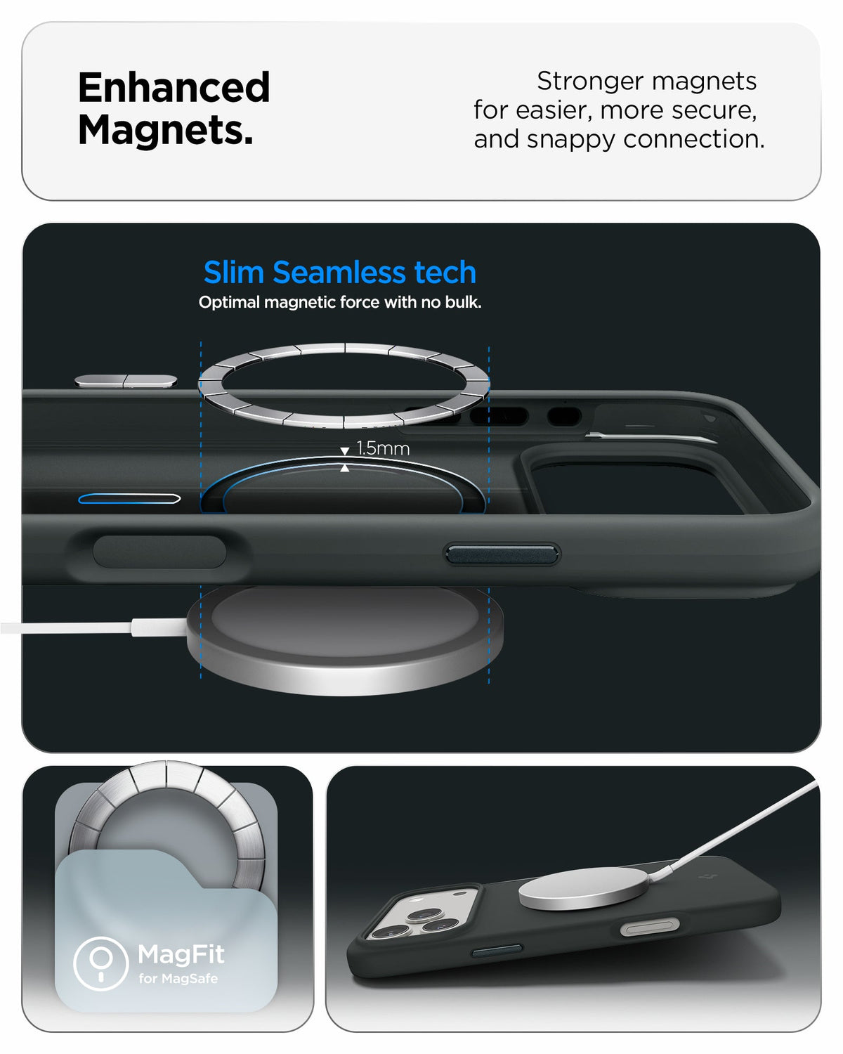 ACS09956 - iPhone 17 Pro Silicone Fit (MagFit) Case in green showing enhanced magnets. stronger magnets for easier more secure and snappy connection.