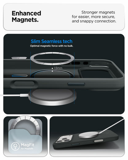 ACS09956 - iPhone 17 Pro Silicone Fit (MagFit) Case in green showing enhanced magnets. stronger magnets for easier more secure and snappy connection.