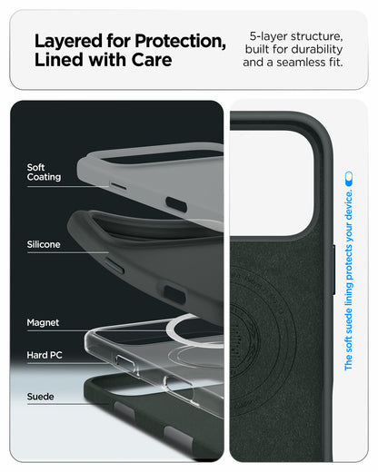 ACS09956 - iPhone 17 Pro Silicone Fit (MagFit) Case in green showing layered for protection, lined with care. 5 layer structure built for durability and a seamless fit