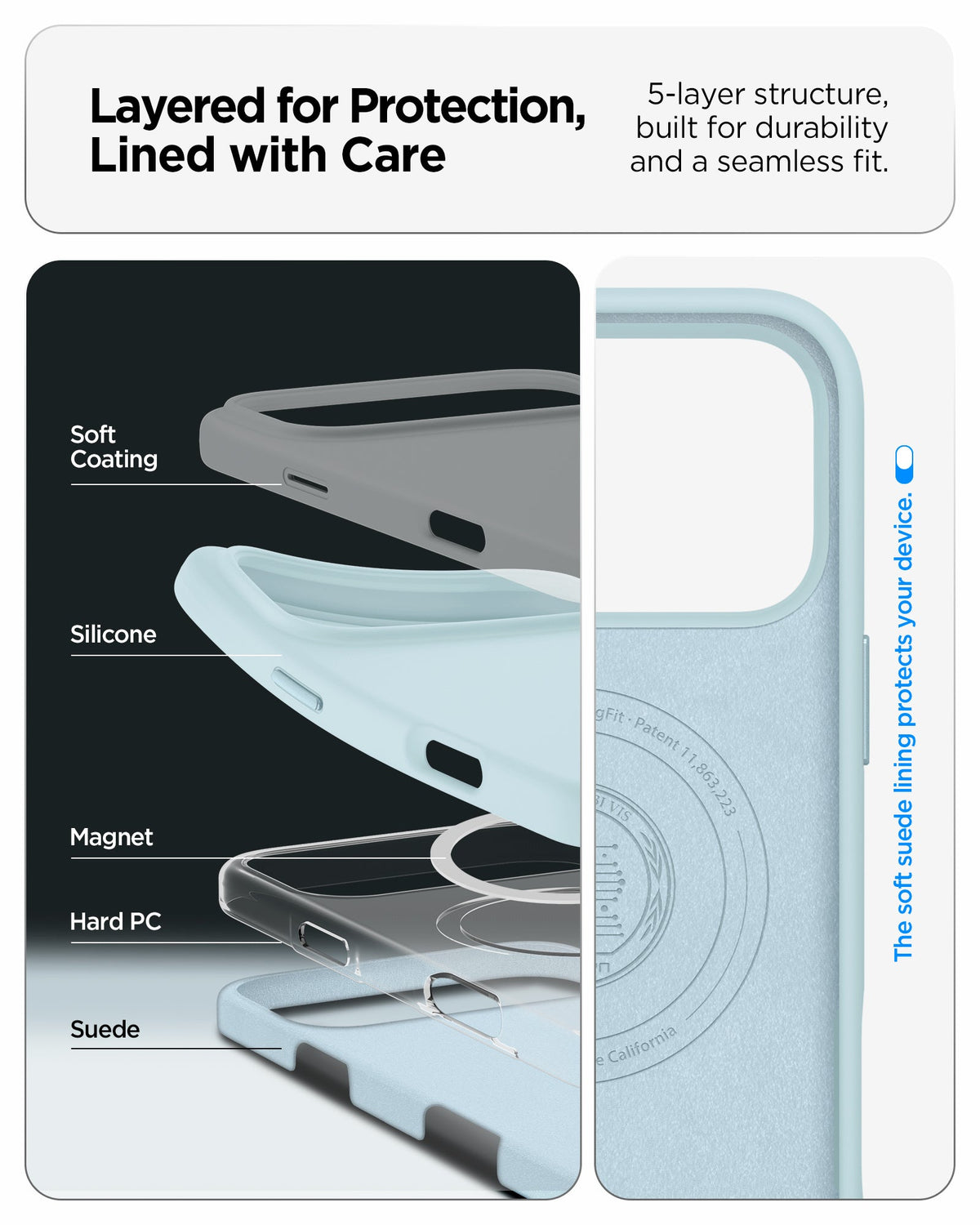 ACS10079 - iPhone 17 Pro Silicone Fit (MagFit) Case in blue showing layered for protection, lined with care. 5 layer structure built for durability and a seamless fit