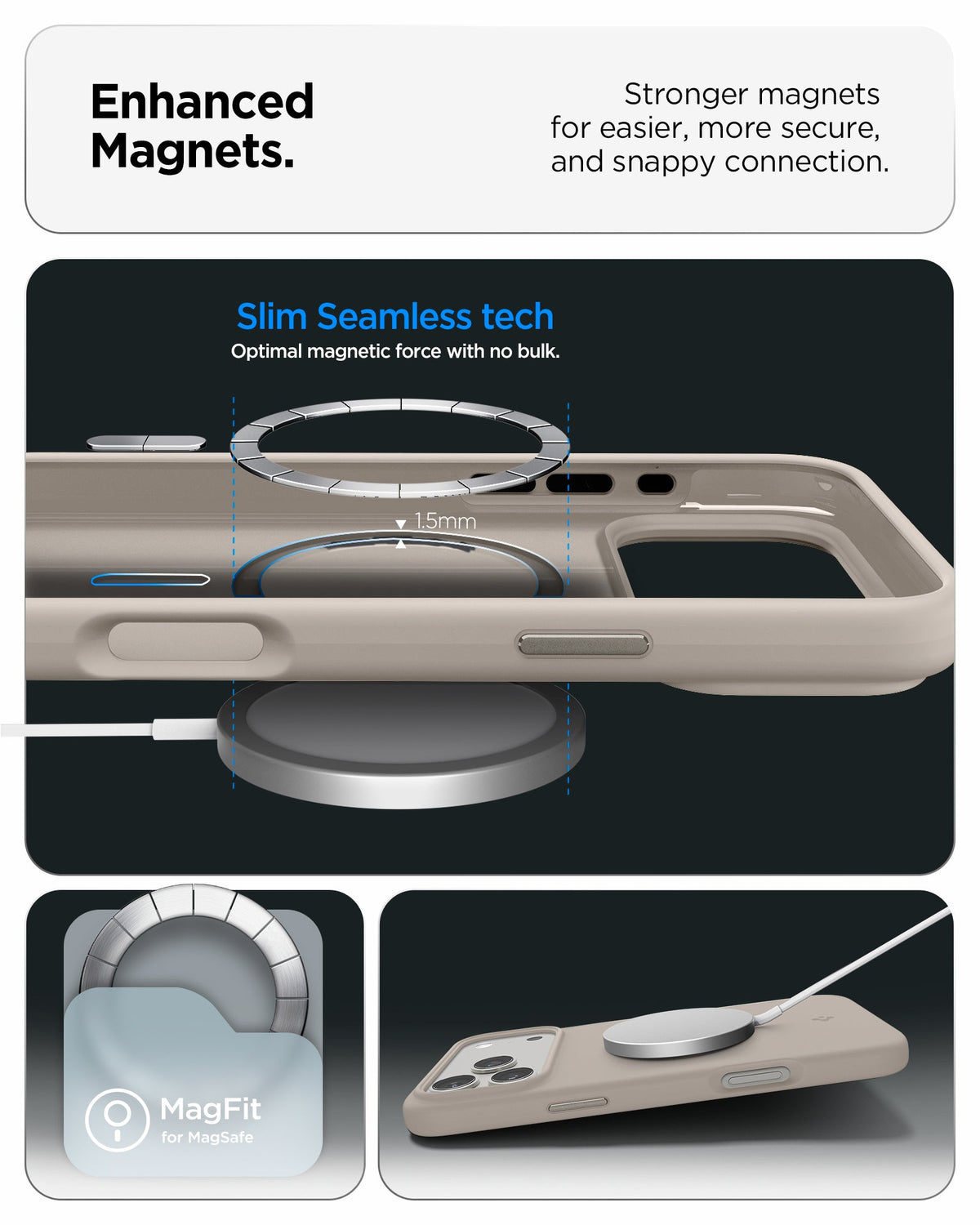 ACS09957 - iPhone 17 Pro Silicone Fit (MagFit) Case in stone showing enhanced magnets. stronger magnets for easier more secure and snappy connection.