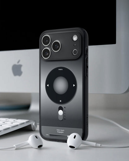 ACS10076 - iPhone 17 Pro Case Ultra Hybrid Classic (MagFit) in Classic Black showing back of the case with airpods