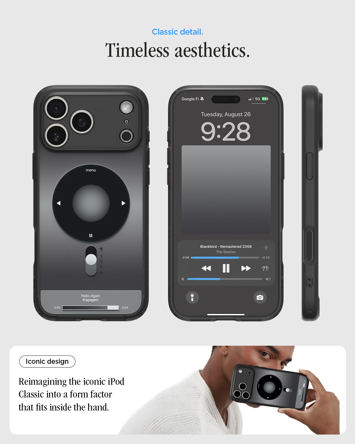 ACS10076 - iPhone 17 Pro Case Ultra Hybrid Classic (MagFit) in Classic Black showing classic detail. timeless aesthetics. iconic design. reimagining the iconic iPod Classic into a form factor that fits inside the hand.