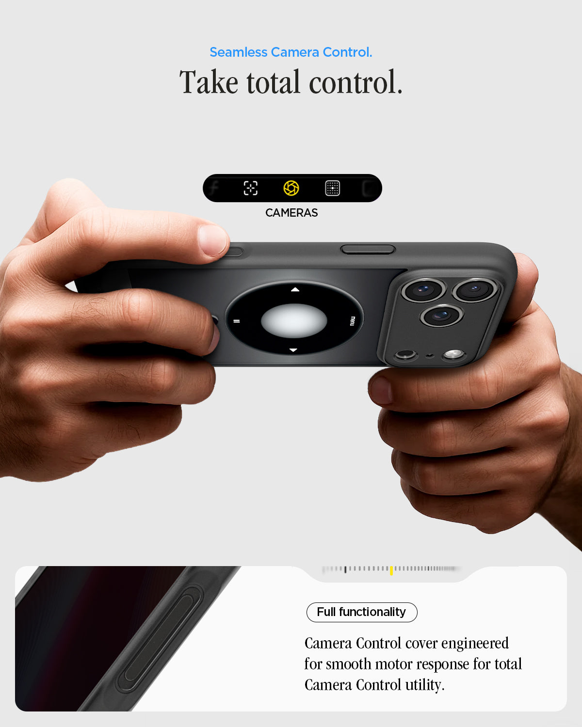 ACS10045 - iPhone 17 Pro Max Case Ultra Hybrid Classic (MagFit) in Classic Black showing seamless camera control. take total control. Full functionality. Camera control cover engineered for smooth motor response for total camera control utility.
