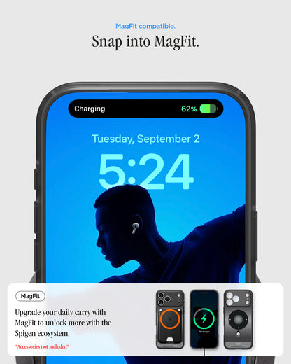 ACS10045 - iPhone 17 Pro Max Case Ultra Hybrid Classic (MagFit) in Classic Black showing magfit compatible. snap into magfit. upgrade your daily carry with magfit to unlock more with the spigen ecosystem.