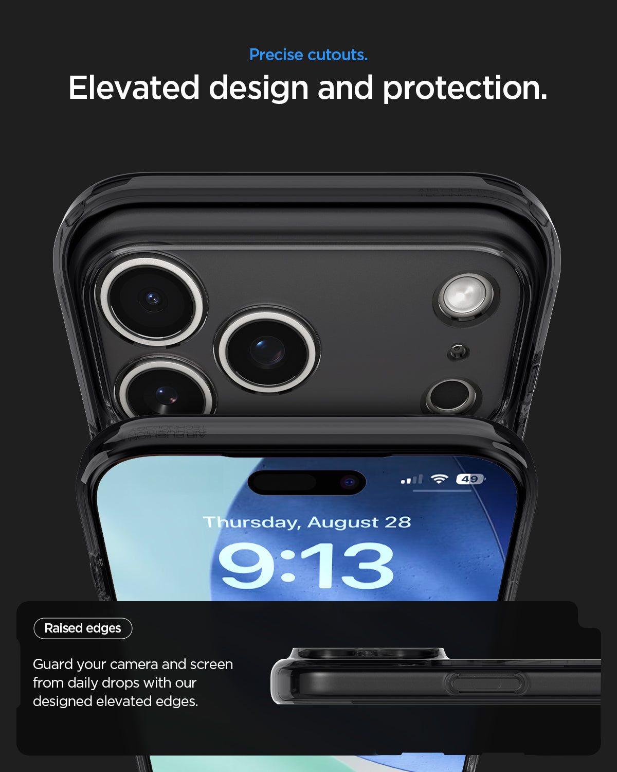 ACS10042 - iPhone 17 Pro Max Case Ultra Hybrid Zero One (MagFit) in Zero One Black showing precise cutouts. Elevated design and protection. Raised edges guard your camera and screen from daily drops with our designed elevated edges.