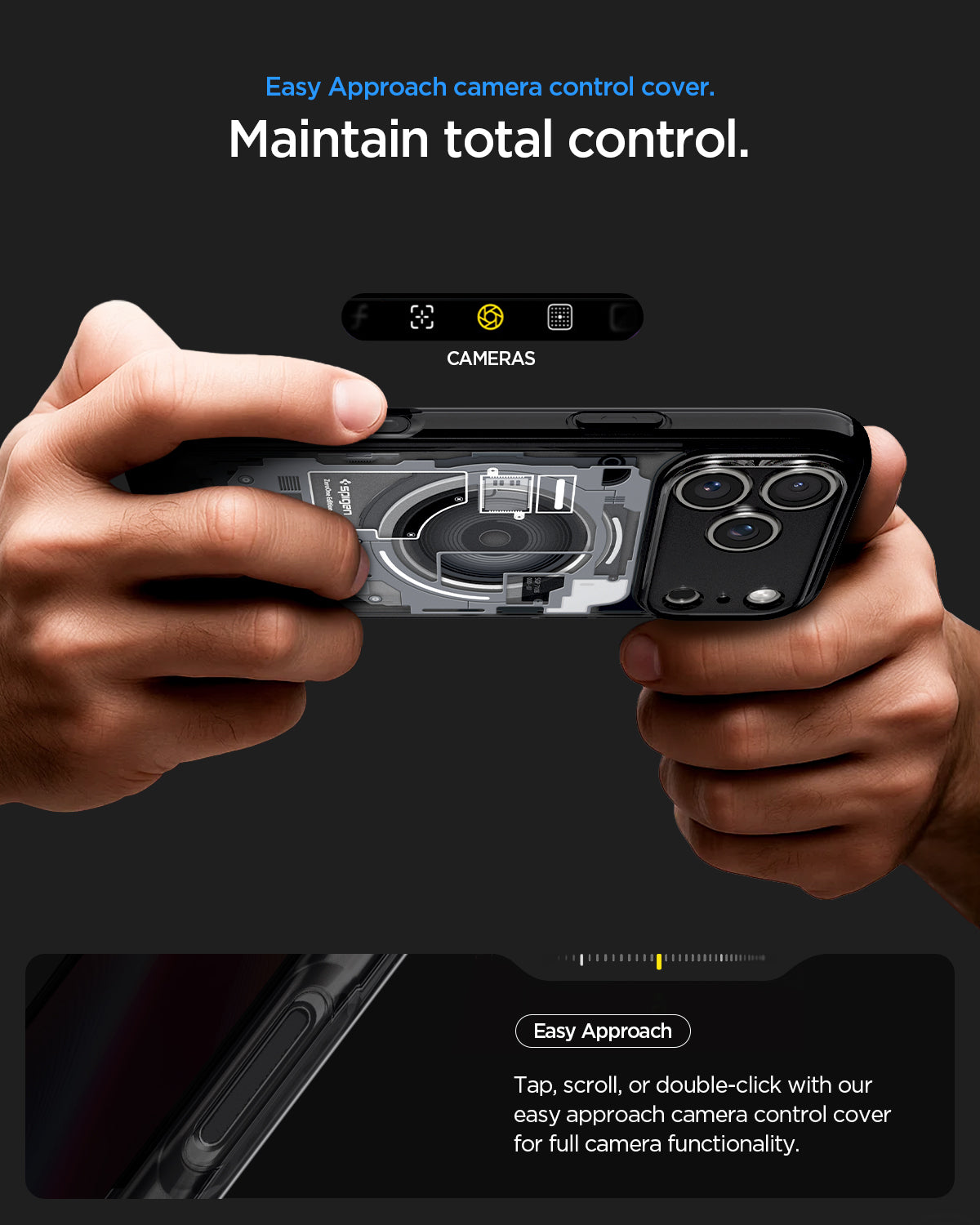 ACS10073 - iPhone 18 Pro / iPhone 17 Pro Ultra Hybrid Zero One (MagFit) Black showing an easy-access Camera Control cover for tapping, scrolling, and smooth operation