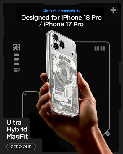 ACS10072 - iPhone 18 Pro / iPhone 17 Pro Ultra Hybrid Zero One (MagFit) Natural Titanium showing a transparent case with a detailed schematic back design and integrated magnetic alignment