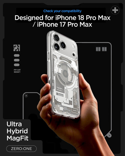 ACS10041 - iPhone 18 Pro Max / iPhone 17 Pro Max Ultra Hybrid Zero One (MagFit) Natural Titanium showing a transparent case with a detailed schematic back design and integrated magnetic alignment