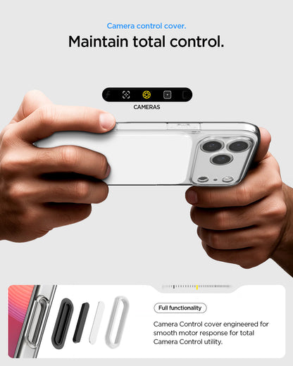 ACS10077 - iPhone 17 Pro Ultra Hybrid T (MagFit) in Glossy White showing camera control cover. Maintain total control. full functionality. camera control cover engineered for smooth motor response for total camera control utility.