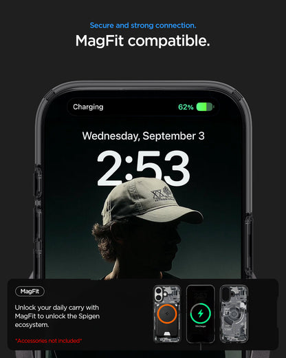 ACS10089 - iPhone 17 Ultra Hybrid Zero One (MagFit) in Zero One Black showing secure and strong connection. magfit compatible. unlock your daily carry with magfit to unlock the spigen ecosystem.