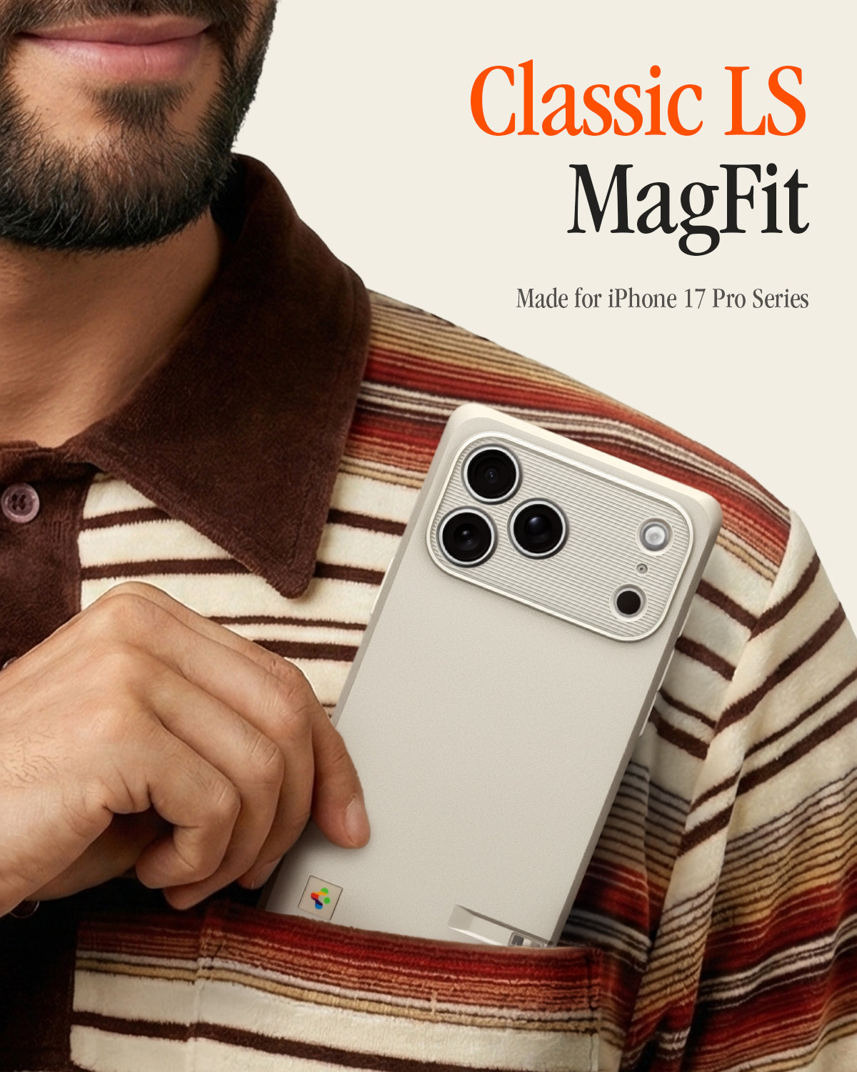 ACS10479 - iPhone 17 Pro Classic LS MagFit showing a man sliding a beige iPhone case into his shirt pocket, with "Classic LS MagFit, Made for iPhone 17 Pro Series" text.