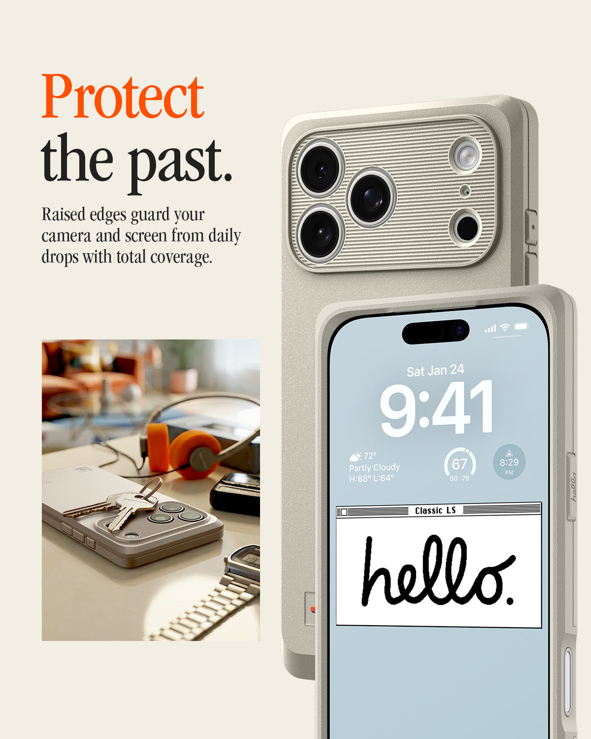ACS10479 - iPhone 18 Pro / iPhone 17 Pro Classic LS MagFit case showing the case's raised camera bezel and screen edge, with a lock screen reading "Classic LS hello." beside a desk scene.