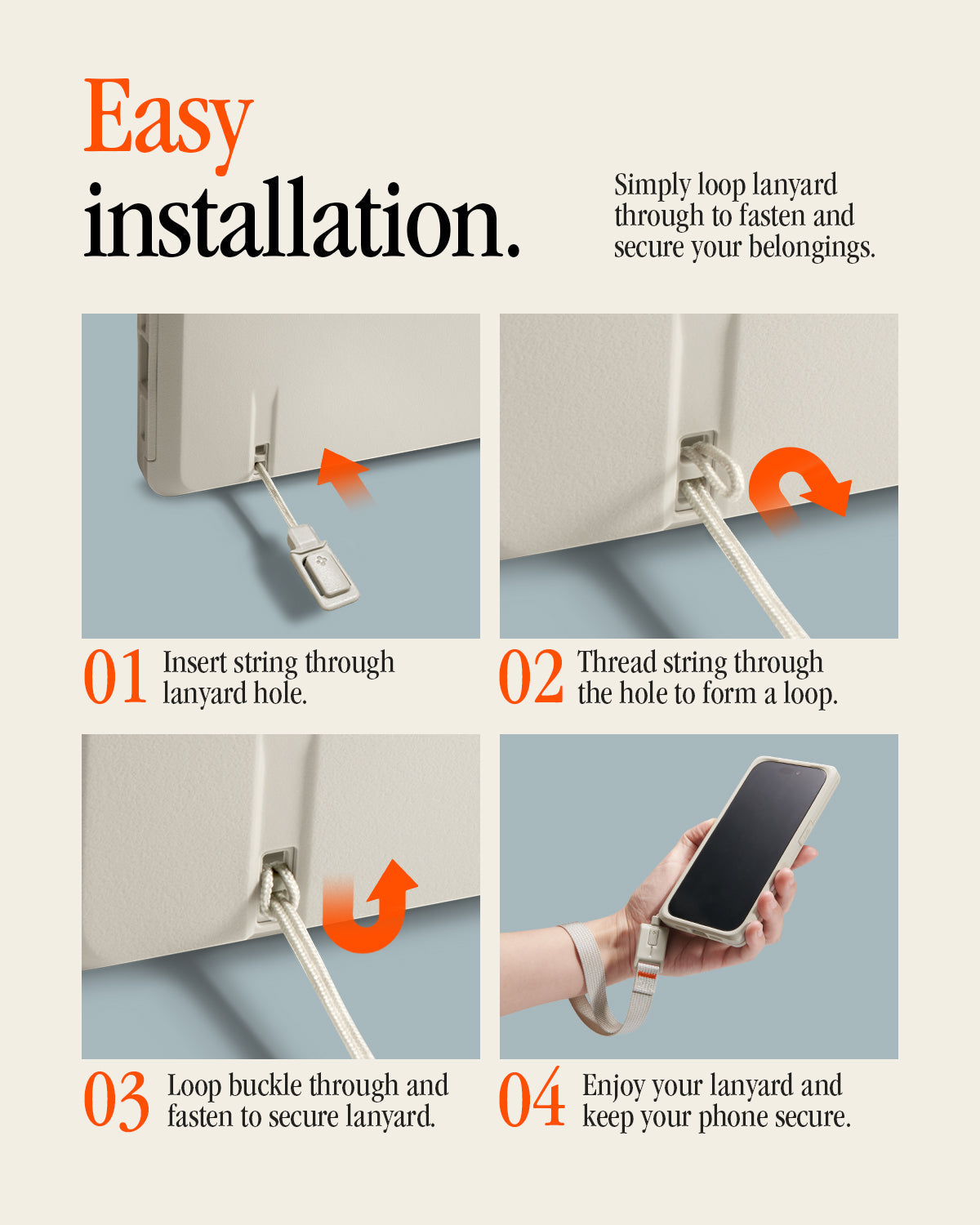 ACS10479 - iPhone 18 Pro / iPhone 17 Pro Classic LS MagFit case showing four steps to install a lanyard: insert string, thread through hole, loop and fasten buckle, then carry phone.