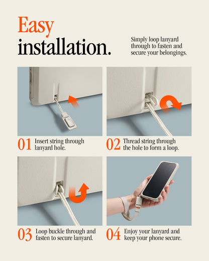 ACS10479 - iPhone 18 Pro / iPhone 17 Pro Classic LS MagFit case showing four steps to install a lanyard: insert string, thread through hole, loop and fasten buckle, then carry phone.