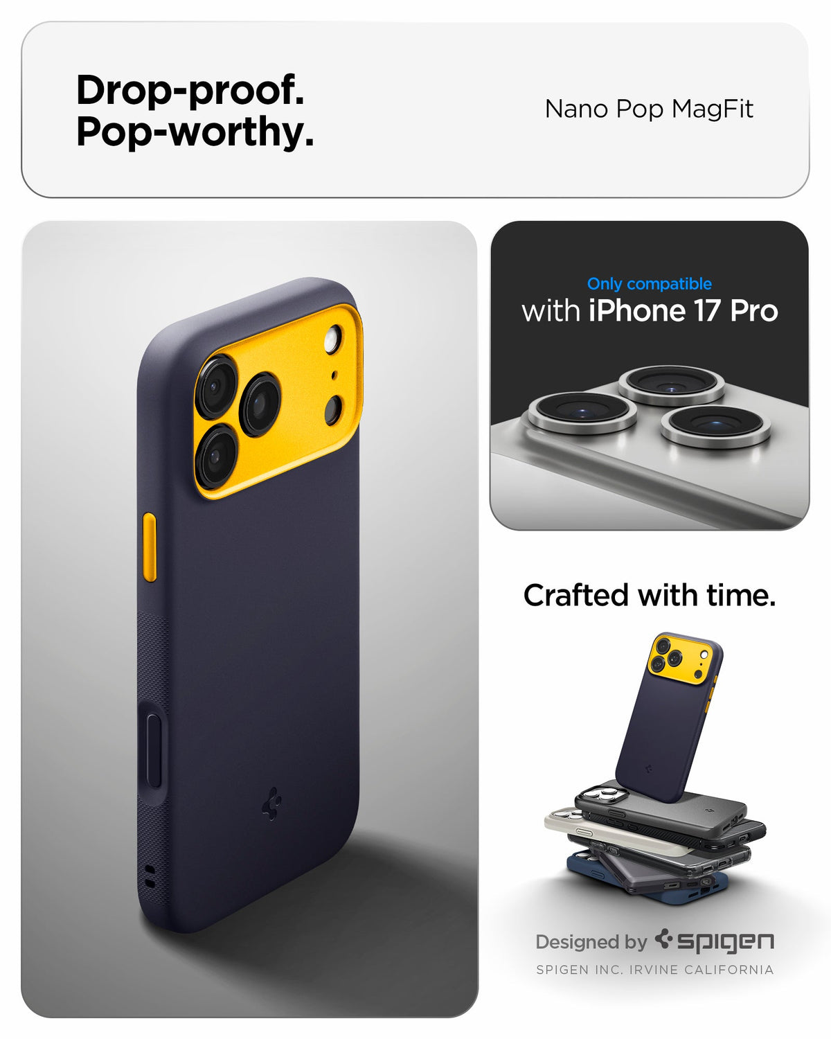 ACS09966 - iPhone 17 Pro Case Nano Pop (MagFit) in blueberry navy showing the drop proof and pop worthy of case
