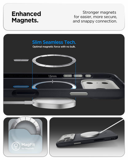 ACS09968 - iPhone 17 Pro Case Nano Pop (MagFit) in black sesame showing the enhanced magnets. Stronger magnets for easier, more secure and snappy connection